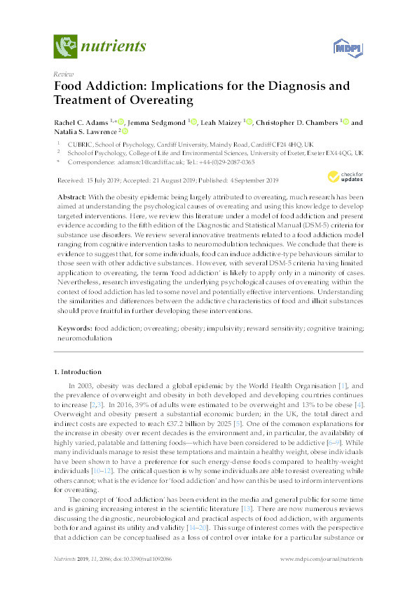 Food addiction: Implications for the diagnosis and treatment of overeating Thumbnail