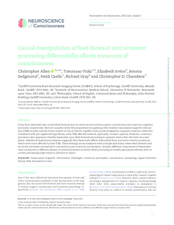 Causal manipulation of feed-forward and recurrent processing differentially affects measures of consciousness Thumbnail