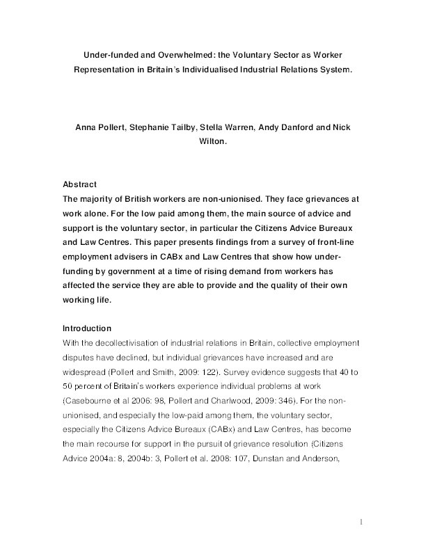 Under-funded and overwhelmed: The voluntary sector as worker representation in Britain's individualised industrial relations system Thumbnail