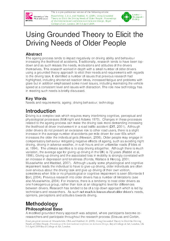 Using grounded theory to elicit the driving needs of older people Thumbnail
