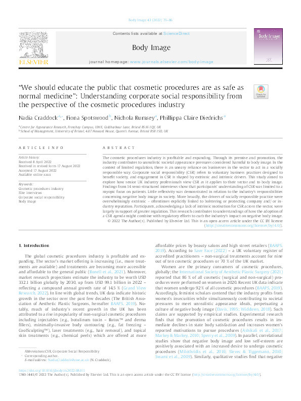 “We should educate the public that cosmetic procedures are as safe as normal medicine”: Understanding corporate social responsibility from the perspective of the cosmetic procedures industry Thumbnail