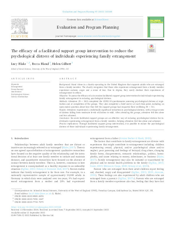 The efficacy of a facilitated support group intervention to reduce the psychological distress of individuals experiencing family estrangement Thumbnail