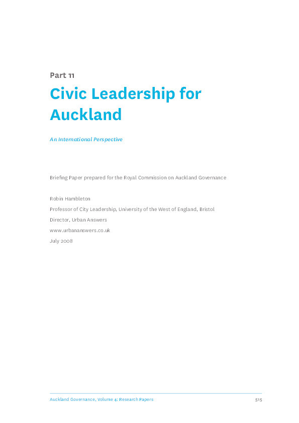 'Civic Leadership for Auckland. An International Perspective.' Part 11 of Report of the Royal Commission on Auckland Governance Thumbnail
