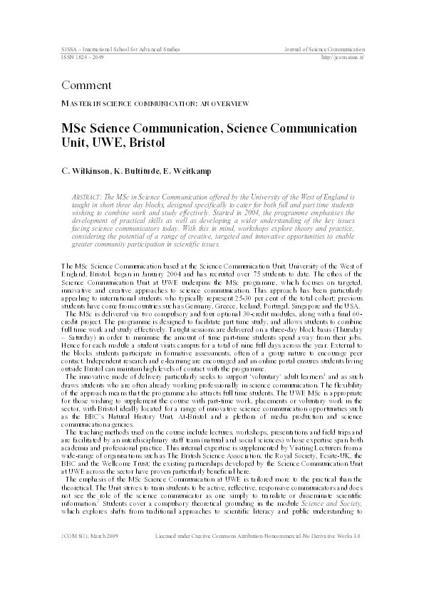 MSc Science Communication, Science Communication Unit, UWE, Bristol Thumbnail