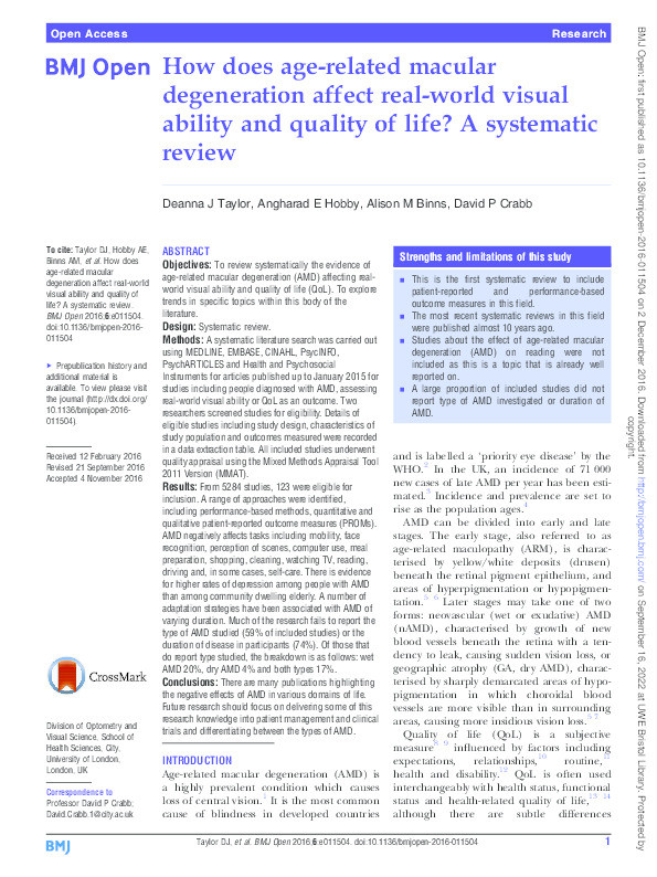 How does age-related macular degeneration affect real-world visual ability and quality of life? A systematic review Thumbnail