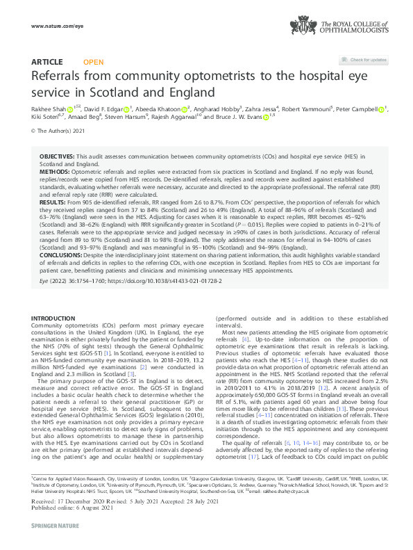 Referrals from community optometrists to the hospital eye service in Scotland and England Thumbnail