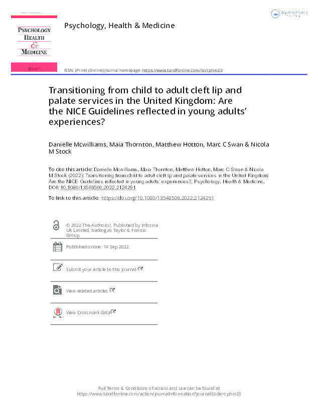 Transitioning from child to adult cleft lip and palate services in the United Kingdom: Are the NICE Guidelines reflected in young adults’ experiences? Thumbnail