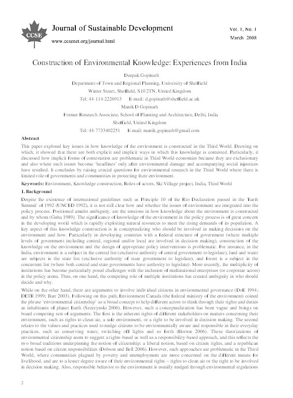 Construction of environmental knowledge: Experiences from India Thumbnail