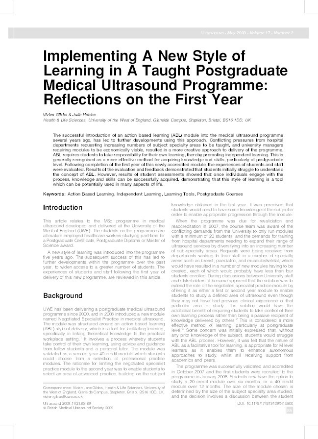 Implementing a new style of learning in a taught postgraduate medical ultrasound programme: Reflections on the first year Thumbnail
