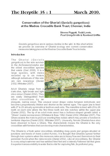 Conservation of the Gharial (Gavialis gangeticus) at the Madras Crocodile Bank Trust, Chennai, India Thumbnail