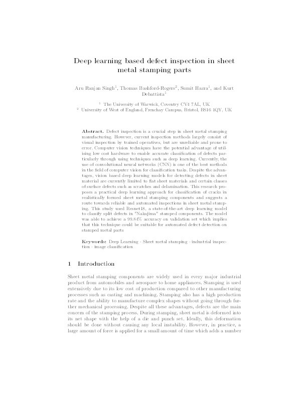 Deep learning-based defect inspection in sheet metal stamping parts Thumbnail