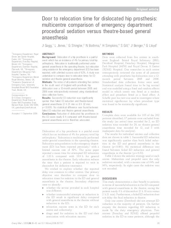Door to relocation time for dislocated hip prosthesis: Multicentre comparison of emergency department procedural sedation versus theatre-based general anaesthesia Thumbnail